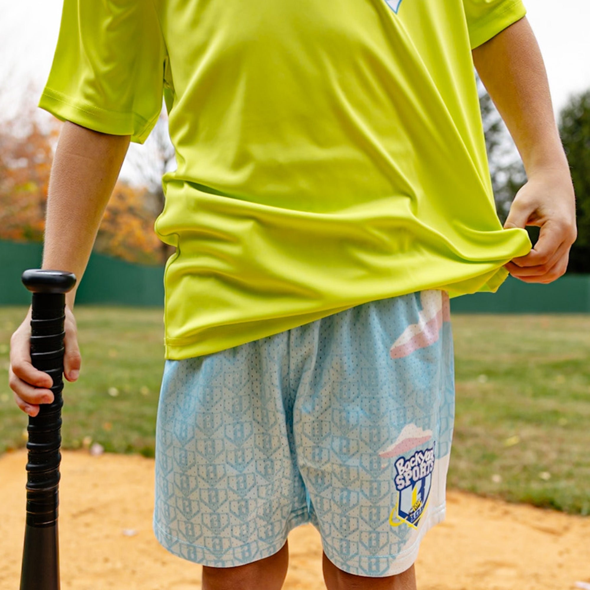 Backyard Dream Light Blue Mesh Shorts - Allover Cloud Print, 5" Inseam