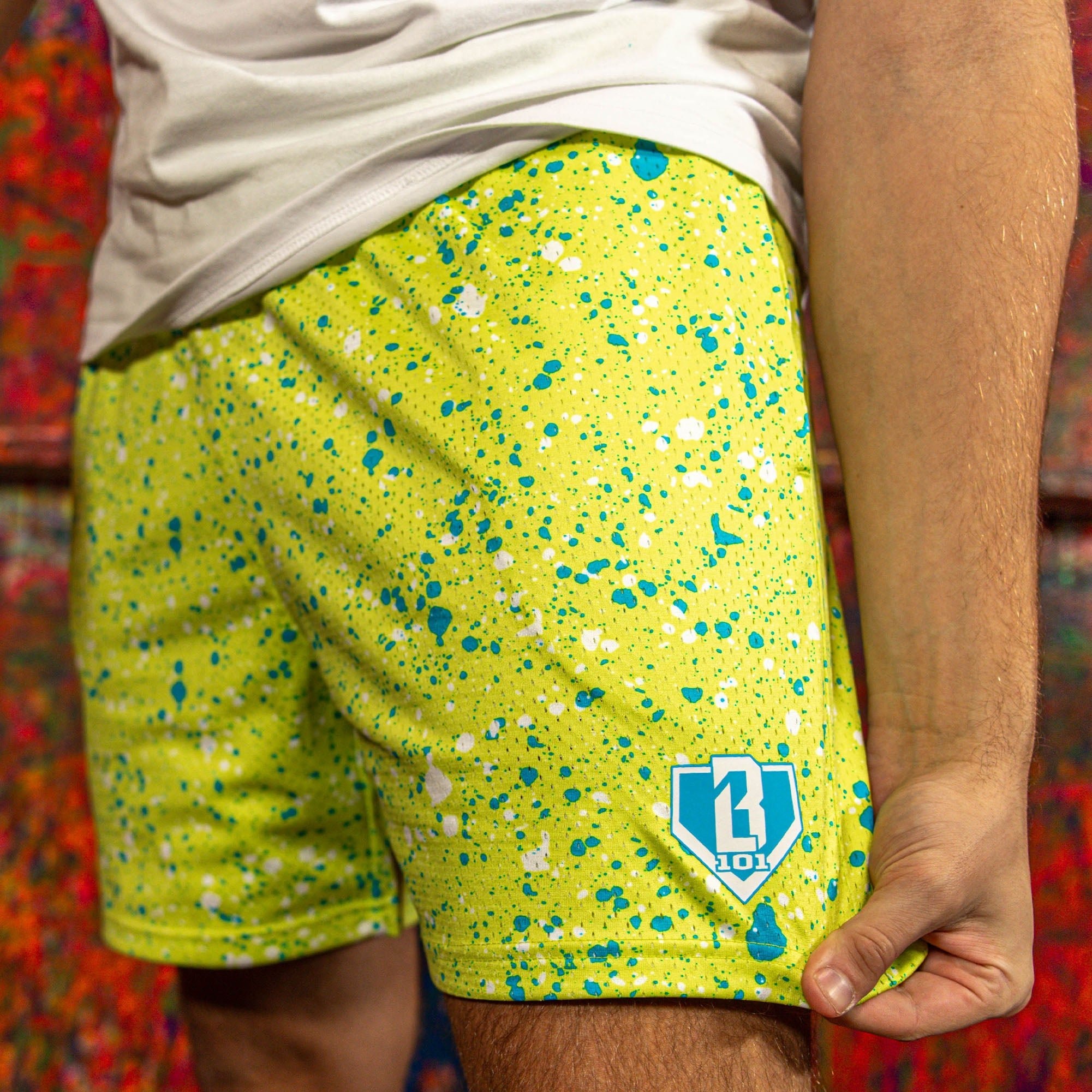 Splatter Shorts Highlighter Yellow Mesh Athletic Shorts with Pockets