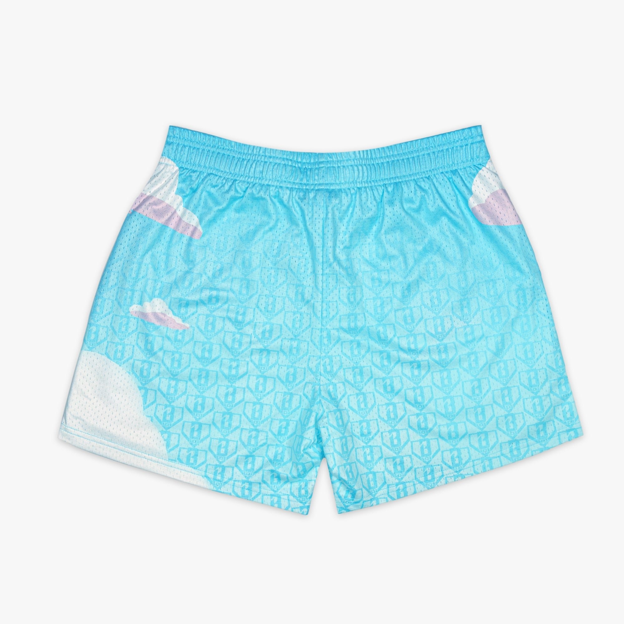 Backyard Dream Light Blue Mesh Shorts - Allover Cloud Print, 5" Inseam