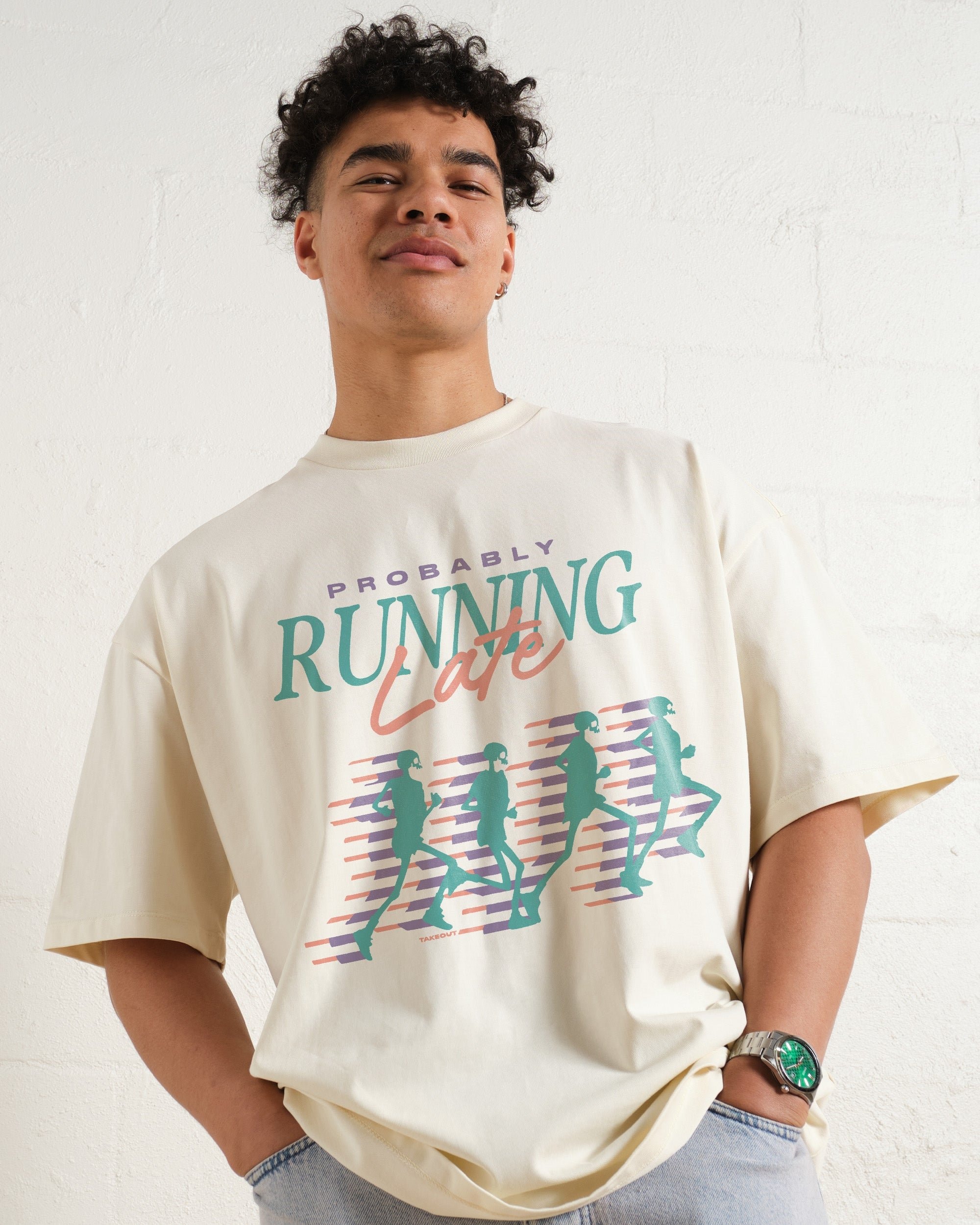 Probably Running Late Oversized Graphic Tee Unisex 90s Boxy Fit 100% Combed Cotton