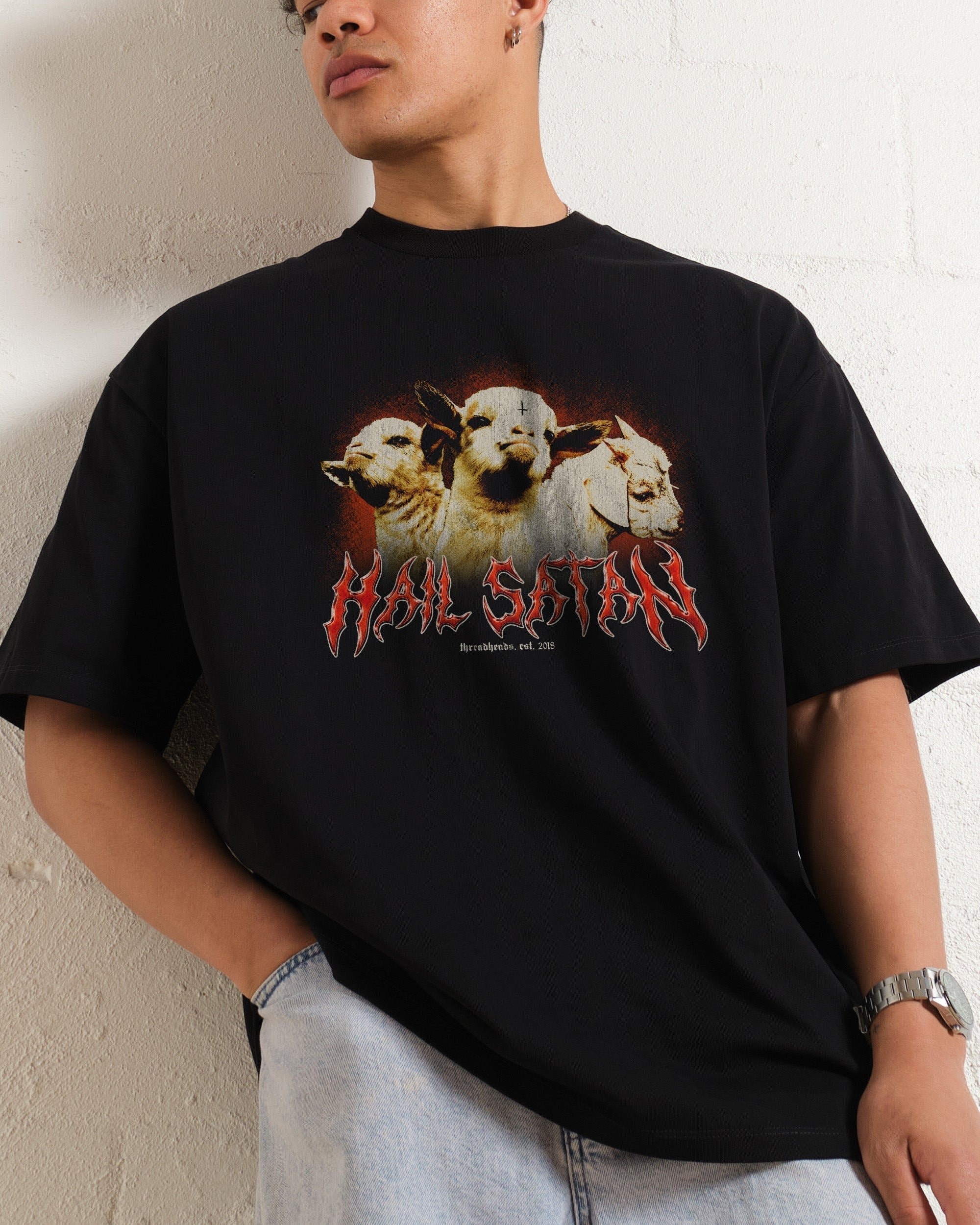 Hail Satan Oversized Graphic Tee - Unisex 90s Boxy Fit 100% Combed Cotton
