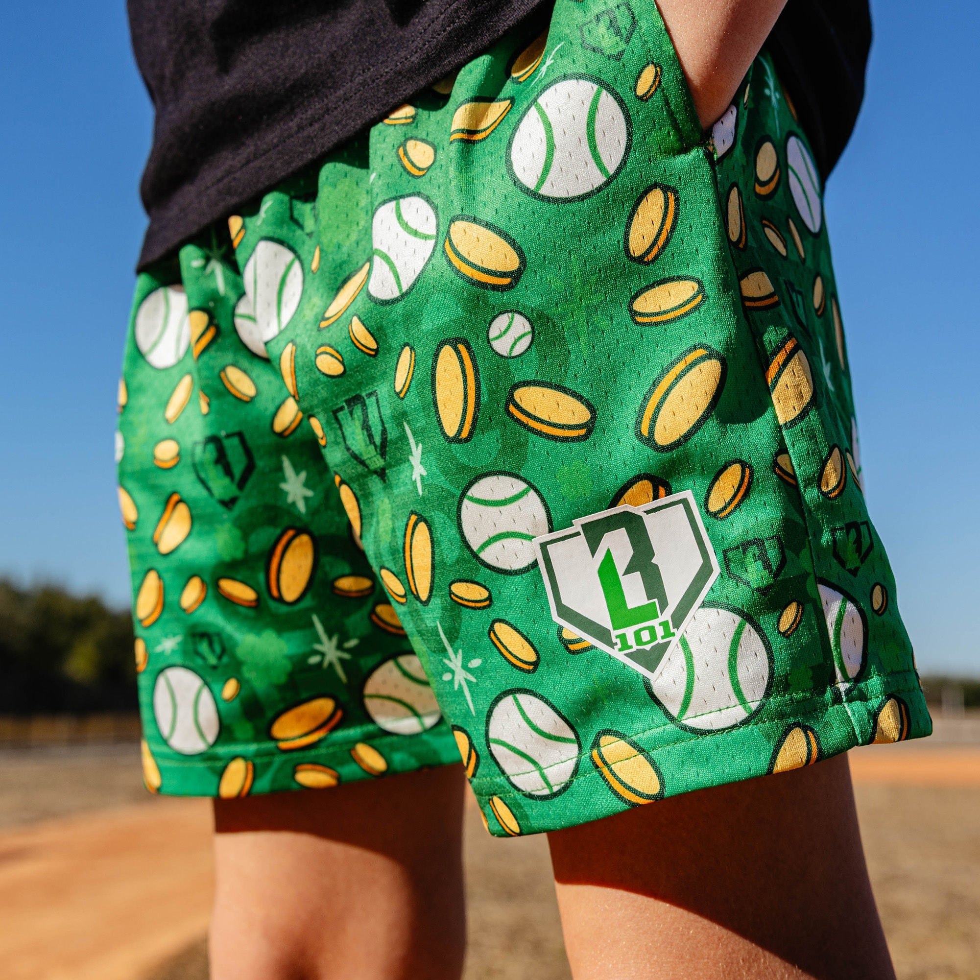 Pot Of Gold Green Mesh Baseball Shorts - 5" Inseam, Polyester Athletic