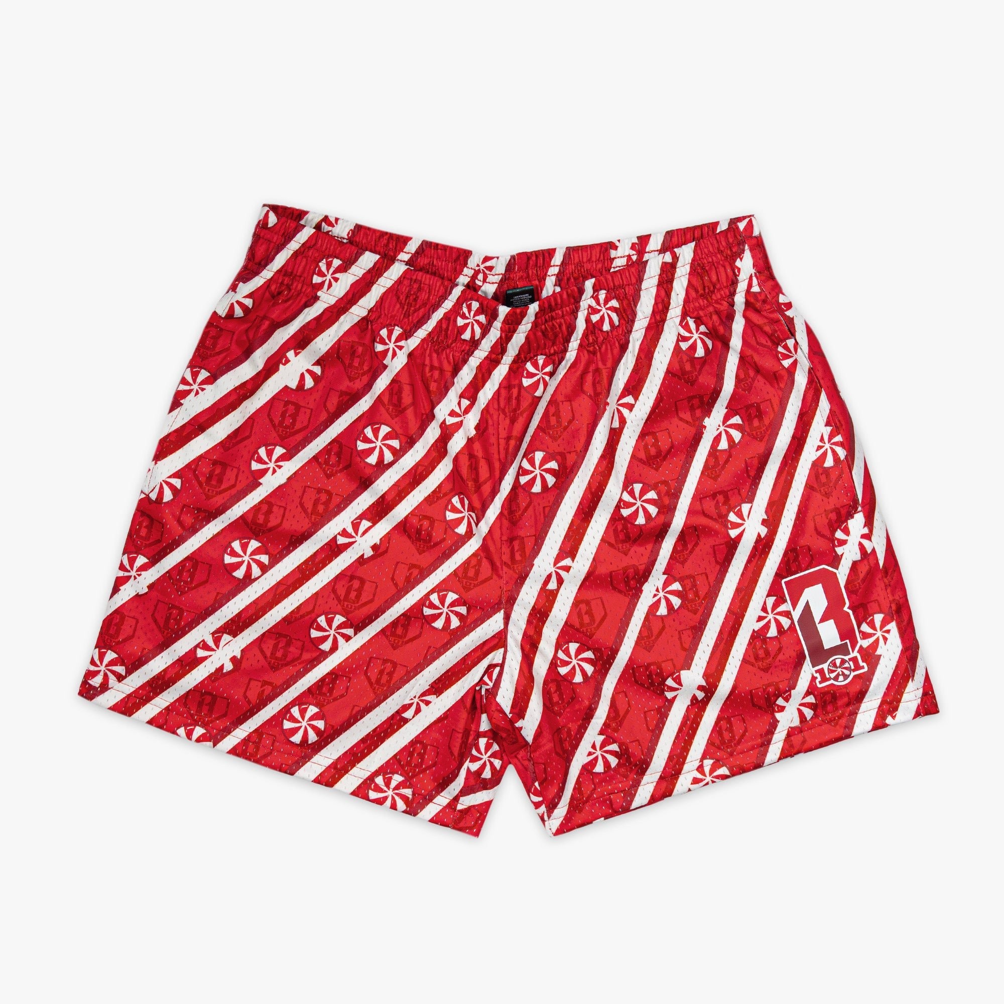 Candy Cane Shorts - Festive Allover Pattern Mesh Shorts with Pockets, 5" Inseam