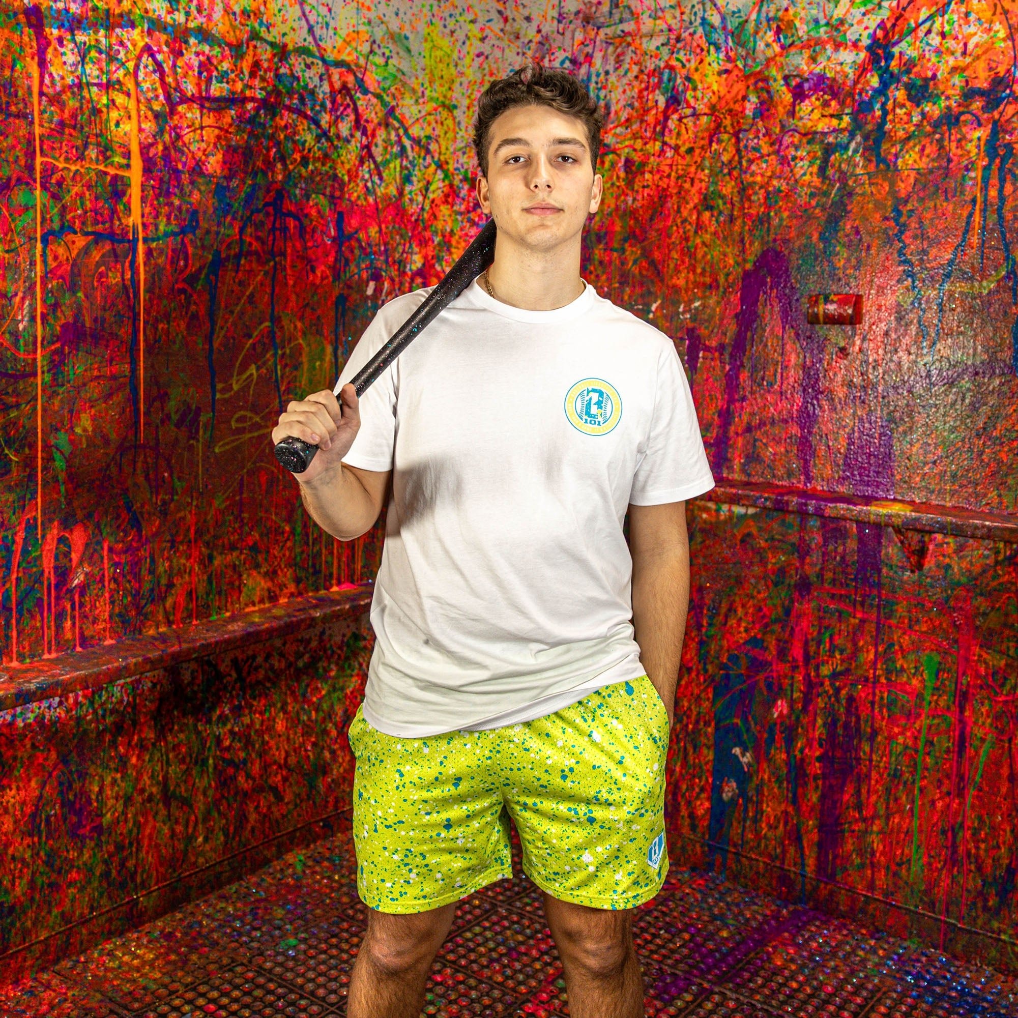 Splatter Shorts Highlighter Yellow Mesh Athletic Shorts with Pockets