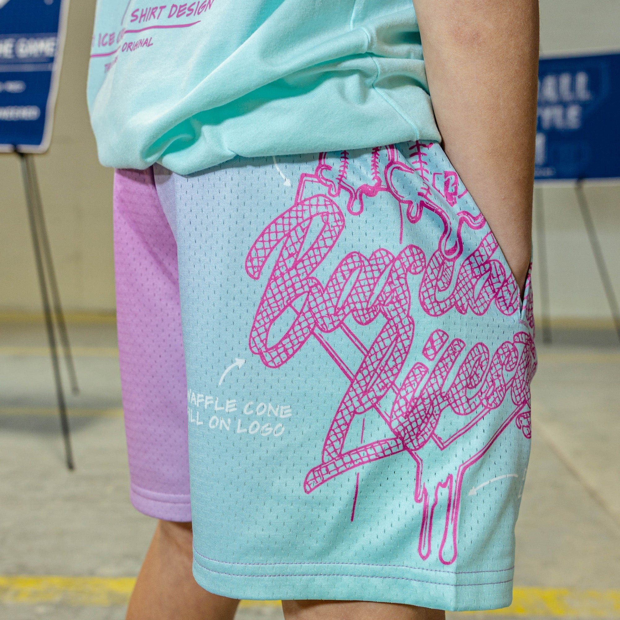 OG Ice Cream Design Shorts - Light Blue Mesh with Gradient Fade